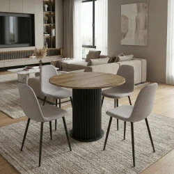 Σετ τραπεζαρία 5τμχ Bohema - Iris Megapap χρώμα μαύρο/sepet oak - ανοιχτό μπεζ Ø90x77,7εκ.