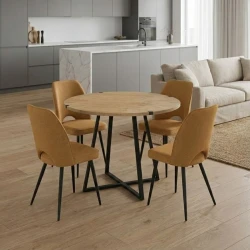 Dining room set 5pcs Rubes - Christy Megapap oak color - mustard Ø100x78cm.