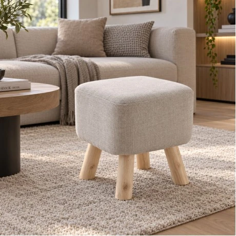 WOODEN STOOL WITH CREAM CUSHION TOP 33X31X33CM