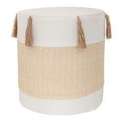 WHITE CRΘME FABRIC STOOL WITH TASSELS D34X37CM