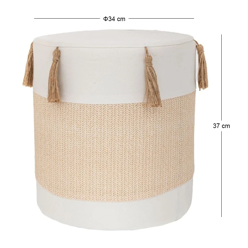 WHITE CRΘME FABRIC STOOL WITH TASSELS D34X37CM