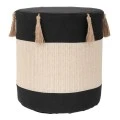 BLACK CRΘME FABRIC STOOL WITH TASSELS D34X37CM