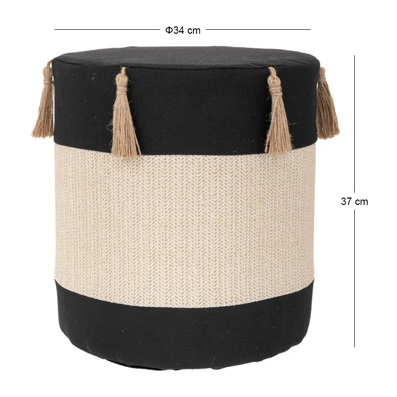 BLACK CRΘME FABRIC STOOL WITH TASSELS D34X37CM