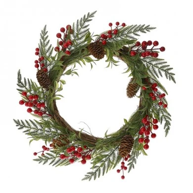WILLOW WREATH WITH PLASTIC LEAFS AND BERRIES 42CM