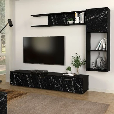 Darcy Megapap melamine TV unit in black - black marble effect color 180x40x33cm.