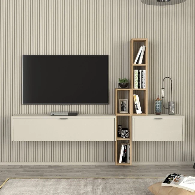 Edgar Megapap melamine tv unit in sandstone - sepet oak 198.4x29.6x148.5cm.