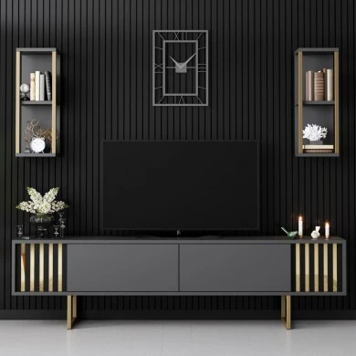 Goldline Megapap melamine tv unit in anthracite - gold color 180x30x48cm.