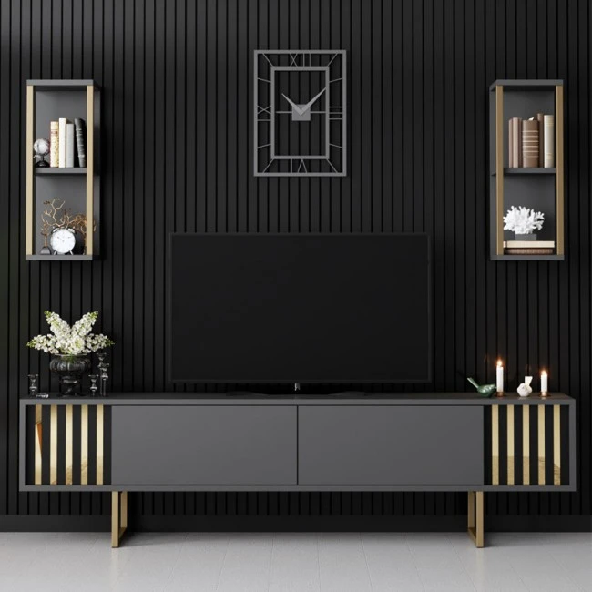 Goldline Megapap melamine tv unit in anthracite - gold color 180x30x48cm.