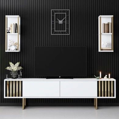 Goldline Megapap melamine tv unit in white - gold color 180x30x48cm.
