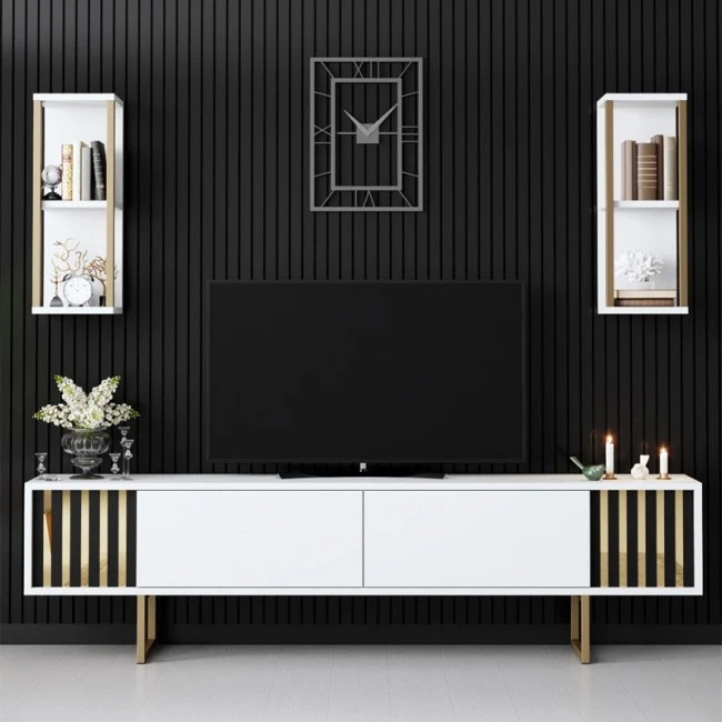 Goldline Megapap melamine tv unit in white - gold color 180x30x48cm.