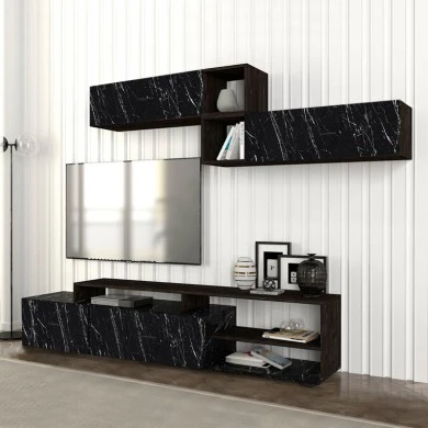 Σύνθεση τηλεόρασης Grill Megapap χρώμα μαύρο rebab - μαύρο εφέ μαρμάρου 220x35x47,5εκ.