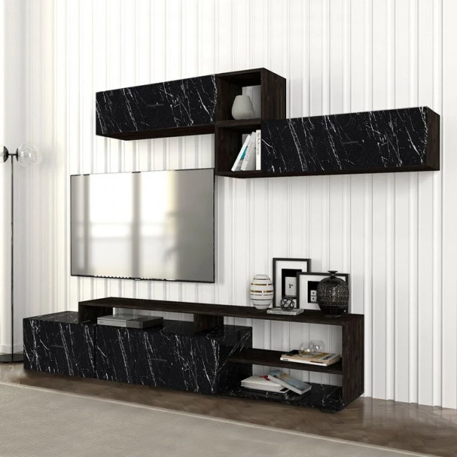 Σύνθεση τηλεόρασης Grill Megapap χρώμα μαύρο rebab - μαύρο εφέ μαρμάρου 220x35x47,5εκ.