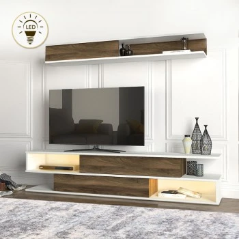 Manet Megapap melamine TV unit with LED in white - walnut color 180x29,5x39cm.