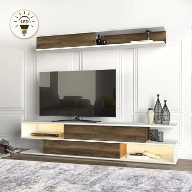 Manet Megapap melamine TV unit with LED in white - walnut color 180x29,5x39cm.