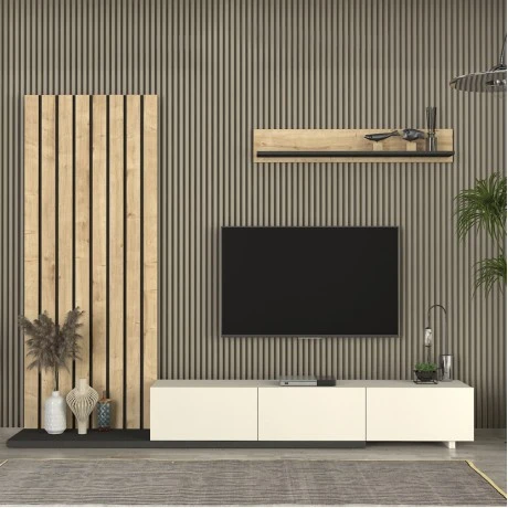 Σύνθεση τηλεόρασης Nagini Megapap χρώμα ivory - sapphire oak - ανθρακί 260x39,4x203,6εκ.