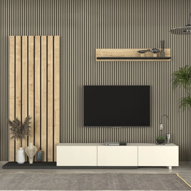 Nagini Megapap melamine tv unit in ivory - sapphire oak - anthracite color 260x39.4x203.6cm.