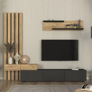 Rosaline Megapap melamine tv unit in anthracite - sepet oak color 233x31.3x196.8cm.
