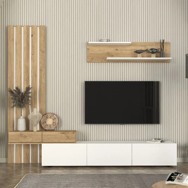 Rosaline Megapap melamine tv unit in white - sepet oak color 233x31.3x196.8cm.
