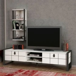 Ursula Megapap melamine TV unit in white - black color 184,5x34x45cm.