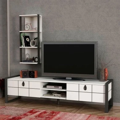 Ursula Megapap melamine TV unit in white - black color 184,5x34x45cm.