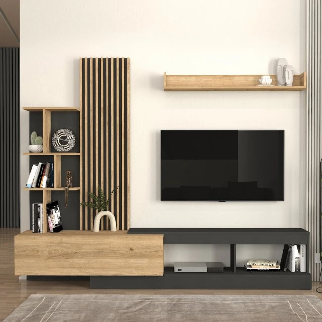 Σύνθεση τηλεόρασης Vermont Megapap χρώμα ανθρακί - sepet oak 240x40x192εκ.