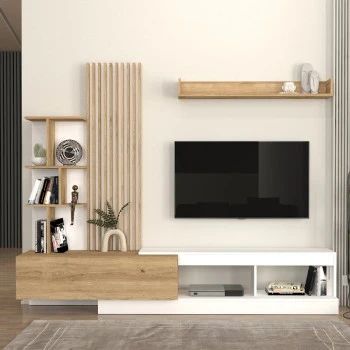 Vermont Megapap melamine tv unit in white - sepet oak color 240x40x192cm.