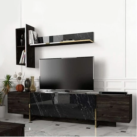 Veyron Megapap melamine TV unit in black marble effect color 180x33x45cm.