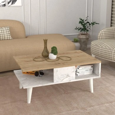 Andros Megapap melamine coffee table in sapphire oak - white marble color 90x54x39,6cm.