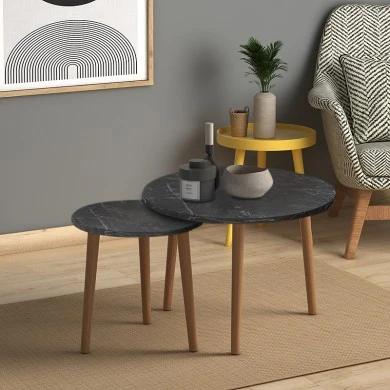 Roma Megapap melamine coffee table set of 2 in black marble effect color 60x60x46cm.