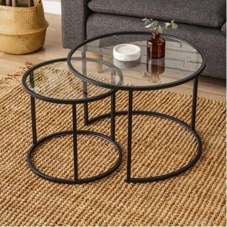 Vetro Megapap metal - tempered glass coffee table in black color Ø60x43cm.