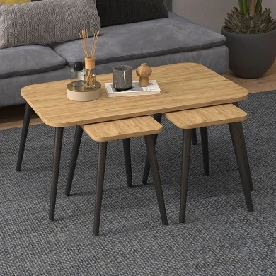 Oliva Megapap melamine coffee table set of 3 in oak 90x55x46cm.