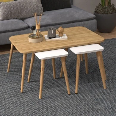 Oliva Megapap melamine coffee table set of 3 in oak - white color 90x55x46cm.