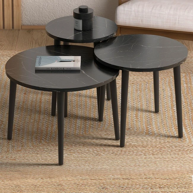 Roma Megapap melamine coffee table set of 3 in  black marble effect  color Φ60x46cm.