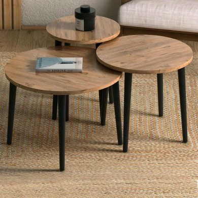 Roma Megapap melamine coffee table set of 3 in oak color Φ60x46cm.