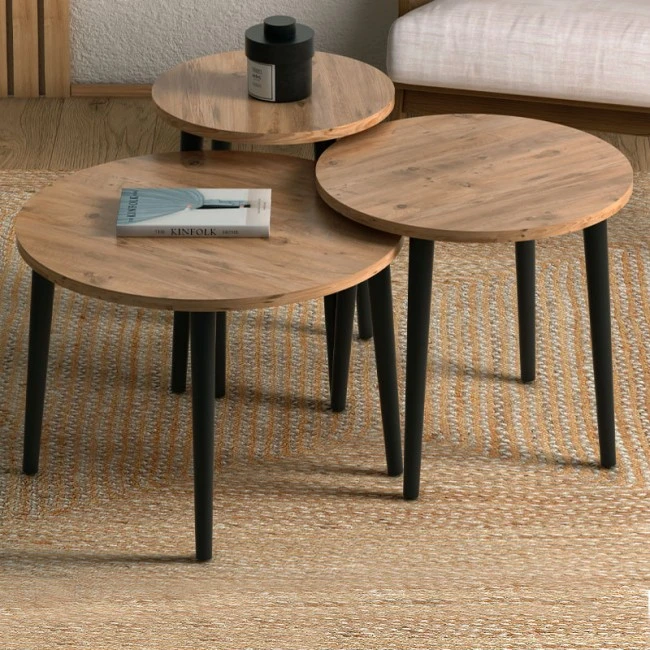Roma Megapap melamine coffee table set of 3 in oak color Φ60x46cm.