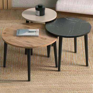 Roma Megapap melamine coffee table set of 3 in oak - black marble effect - cream color Φ60x46cm.