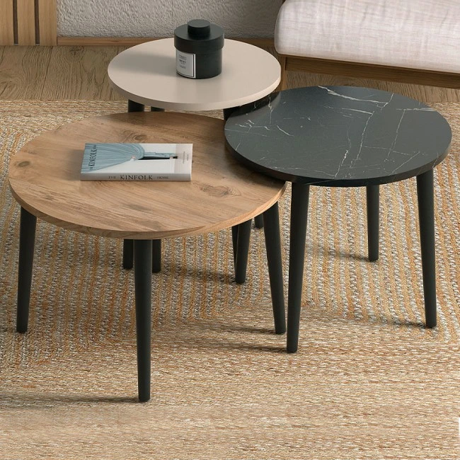 Roma Megapap melamine coffee table set of 3 in oak - black marble effect - cream color Φ60x46cm.