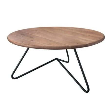 Boral coffee table with black metallic base and acacia surface in natural 83x40cm.