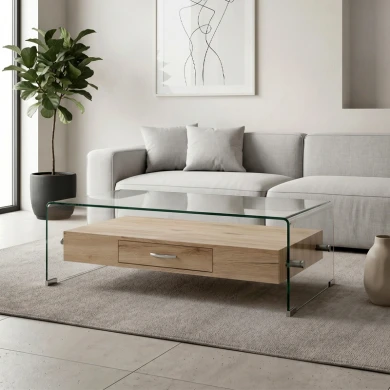 Glasser Wood coffee table with glass surface - Mdf base in oak color 110x55x35cm.
