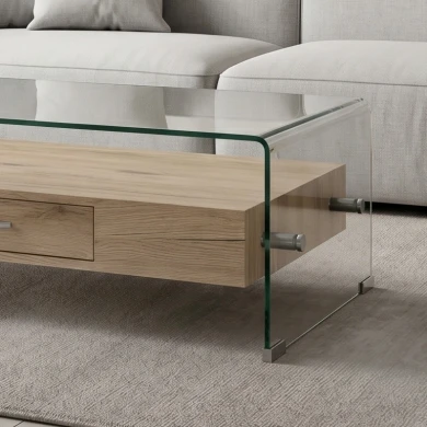 Glasser Wood coffee table with glass surface - Mdf base in oak color 110x55x35cm.