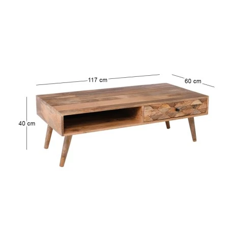 Teka coffee table with wooden acacia frame in natural color 117x60x40cm.