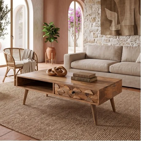 Teka coffee table with wooden acacia frame in natural color 117x60x40cm.