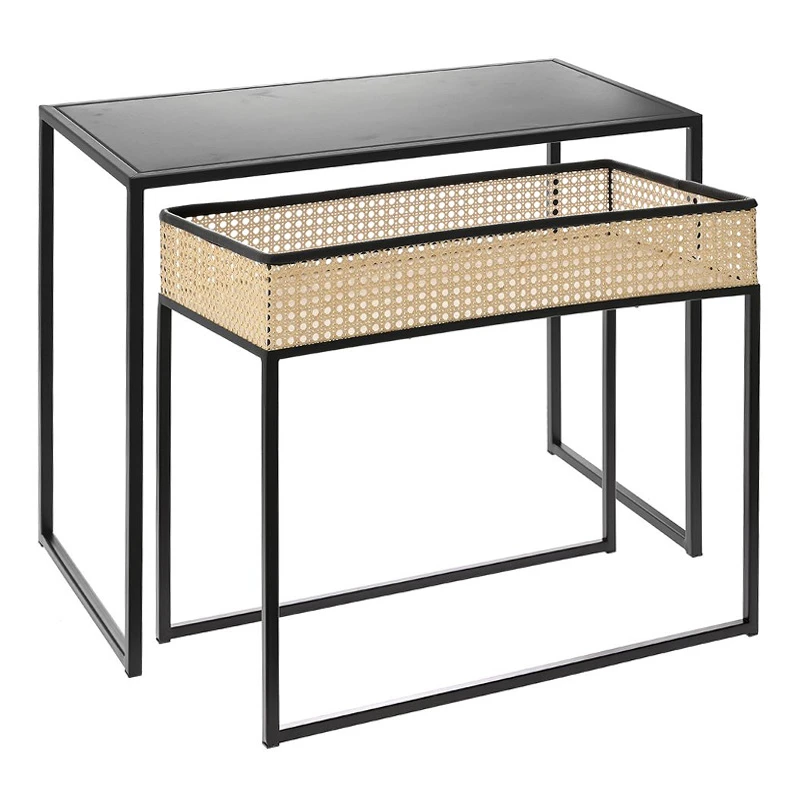 DECO SET 2 STORAGE COFFEE TABLE IN BLACK W NATURAL RATTAN VIENNA WEBBING