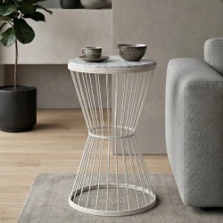 Τραπεζάκι βοηθητικό Hoffman Megapap μεταλλικό - Mdf χρώμα λευκό - λευκό εφέ μαρμάρου 35x35x58εκ.