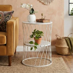 Τραπεζάκι βοηθητικό Jaspin Megapap μεταλλικό - Mdf χρώμα λευκό-λευκό εφέ μαρμάρου 32x32x44εκ.