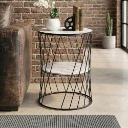 Τραπεζάκι βοηθητικό Jaspin Megapap μεταλλικό - Mdf χρώμα μαύρο-λευκό εφέ μαρμάρου 32x32x44εκ.