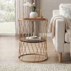 Τραπεζάκι βοηθητικό Jaspin Megapap μεταλλικό - Mdf χρώμα χρυσό - καρυδί 32x32x44εκ.