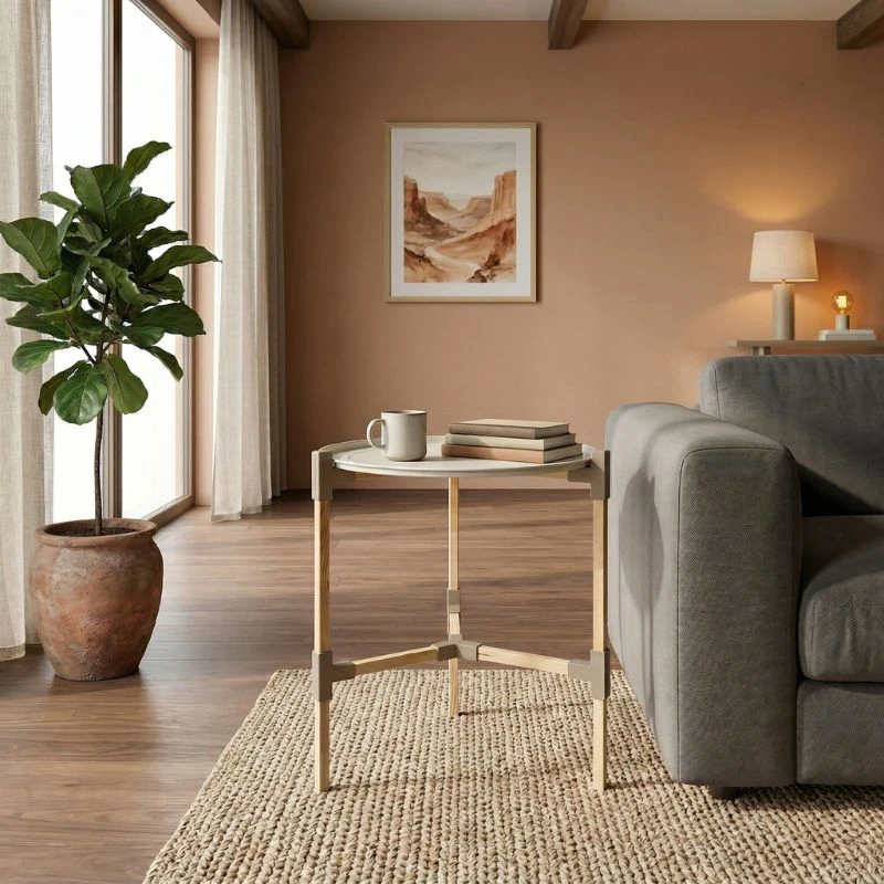 Wooden - plastic side table in beige color Φ46x53cm.
