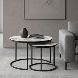 Τραπεζάκια σαλονιού Gary Megapap Mdf - μεταλλικό χρώμα μπεζ εφέ μαρμάρου 65x65x44εκ.