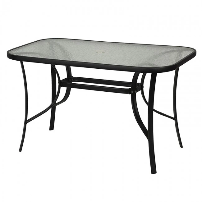Metallic garden table with safety glass in black color 140x80x72cm.